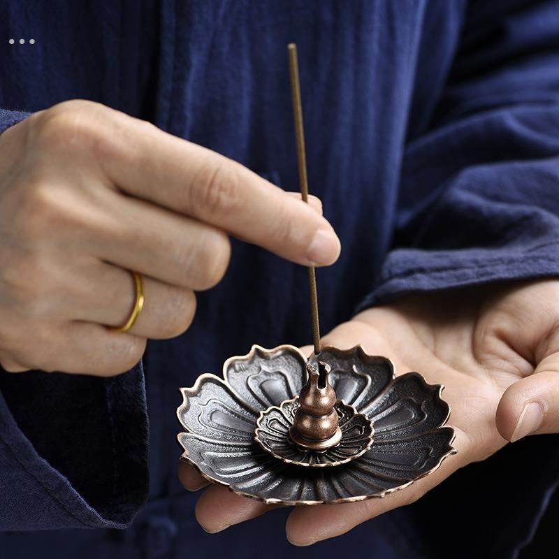 莲花三宝香插底座彷古铜香薰炉香夹线香环香架香托葫芦高级感香座