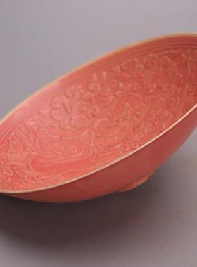 宋定窑红釉鹿图斗笠碗 盘子 仿宋代旧货瓷器古玩 山一林烟河外