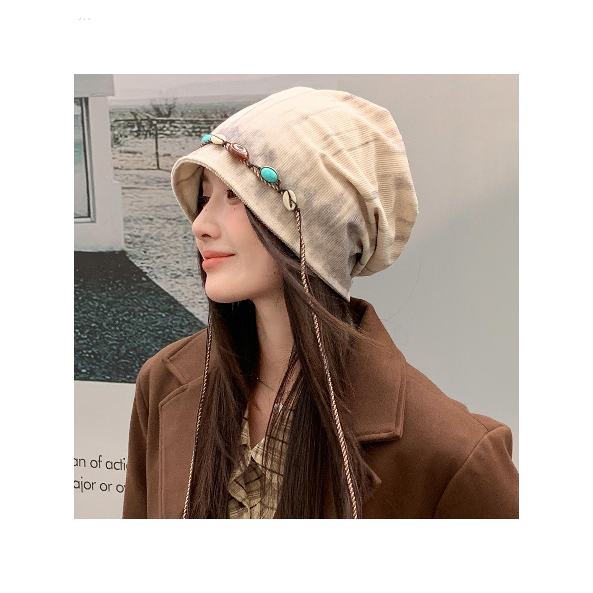 秋季百搭咖啡色堆堆帽女生覆古星星流苏冷帽宽松显脸小套头帽子潮