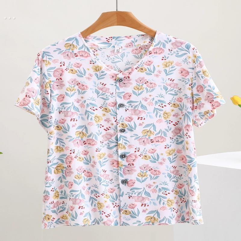 棉绸中老年女装薄款大尺码宽松开 衫短袖夏季奶奶外穿休闲 人造棉