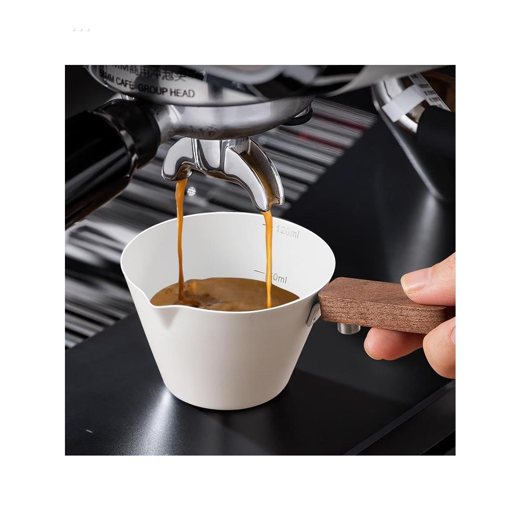 胡桃木柄意式浓缩咖啡量杯不锈钢带刻度小奶盅咖啡液萃取接液杯