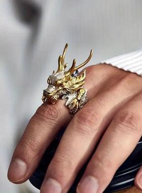 个性凸显男士独特个性魅力小众喜好品味霸气双色龙首可调节指环