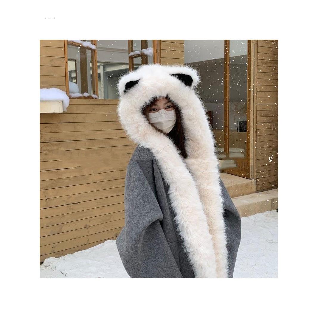 加厚狐狸耳朵毛绒帽子围巾一体女秋冬保暖护耳围脖连帽雷锋帽可爱