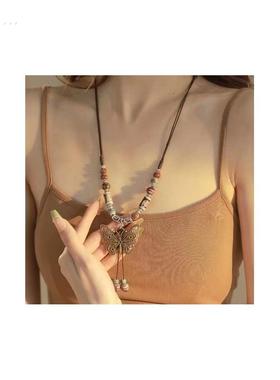 波西米亚覆古蝴蝶长款项炼女新中式民族风古着中古古风毛衣炼配饰