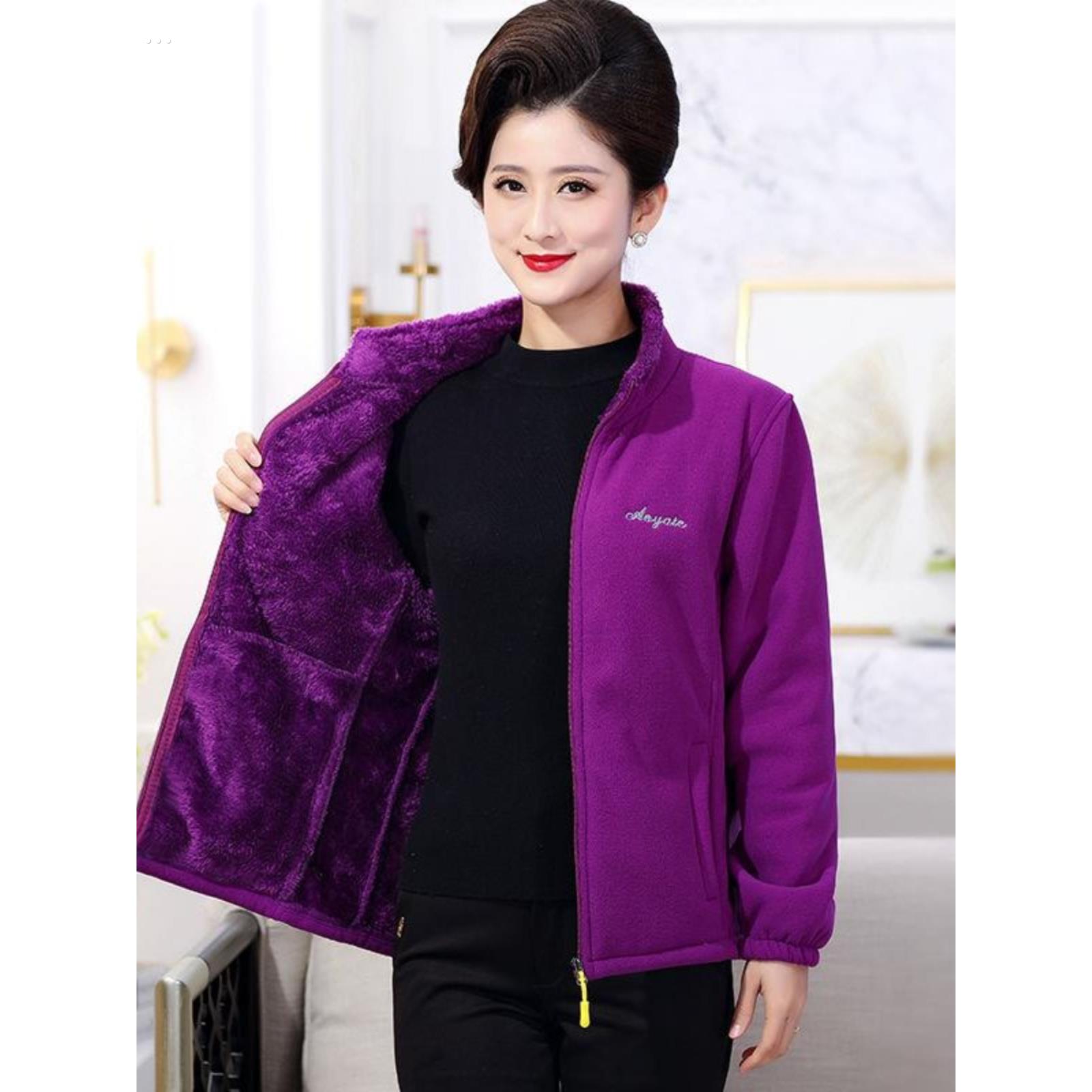 春秋季妈妈装珊瑚绒摇粒绒外套女抓绒上衣卫衣中老年宽松加厚加肥