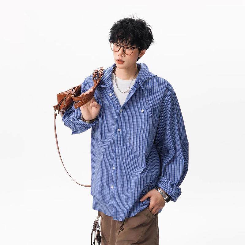 港风chic格子衬衫男长袖夏季连帽宽松青少年防晒薄款衬衣外套潮