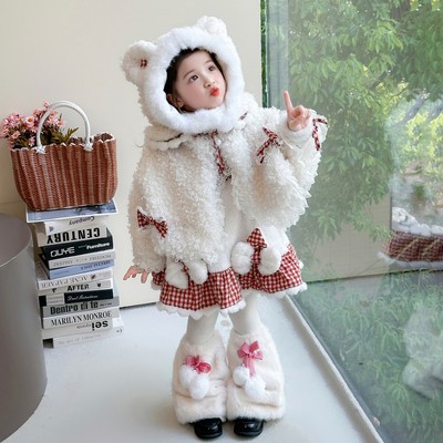 女童加厚连衣裙套装秋冬季2025新款洋气儿童斗篷冬装女宝宝洛丽塔