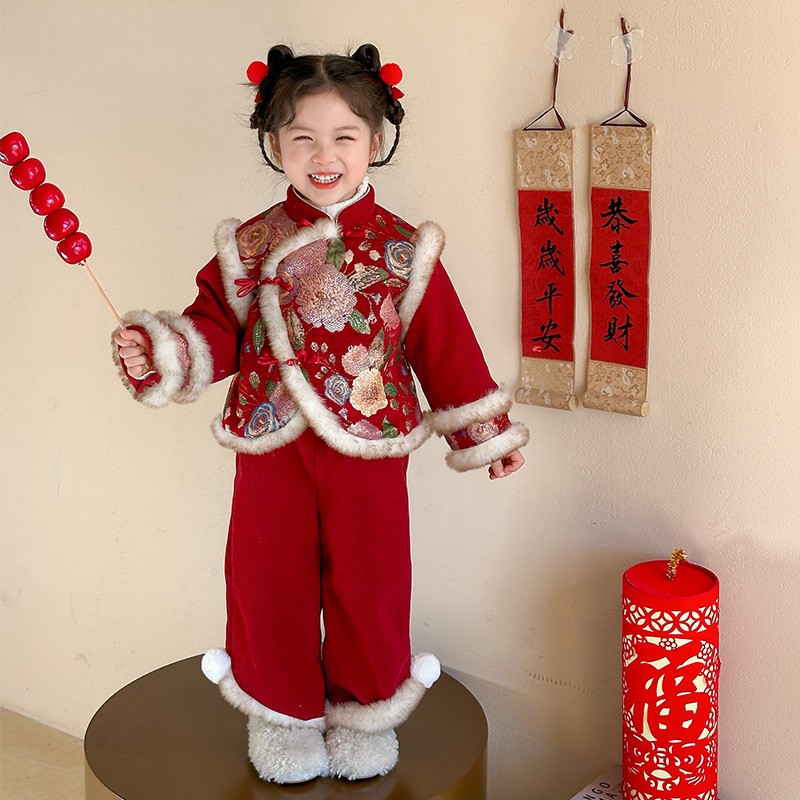 拜年服女童汉服冬季儿童国风套装宝宝周岁礼服女孩过新年喜庆衣服