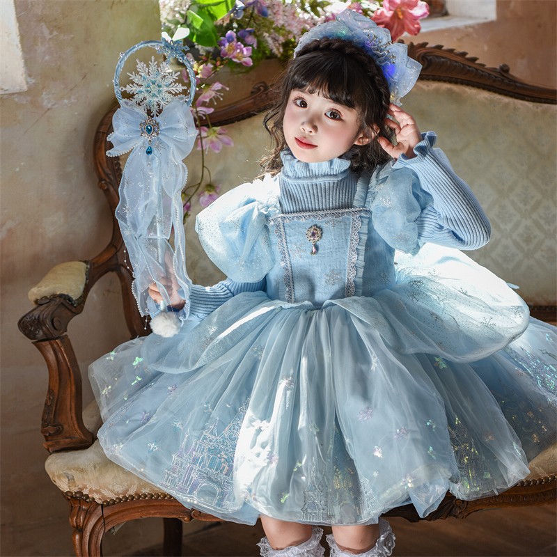 艾莎公主裙女童秋冬蓬蓬纱裙儿童冰雪奇缘连衣裙女孩爱莎毛衣裙子
