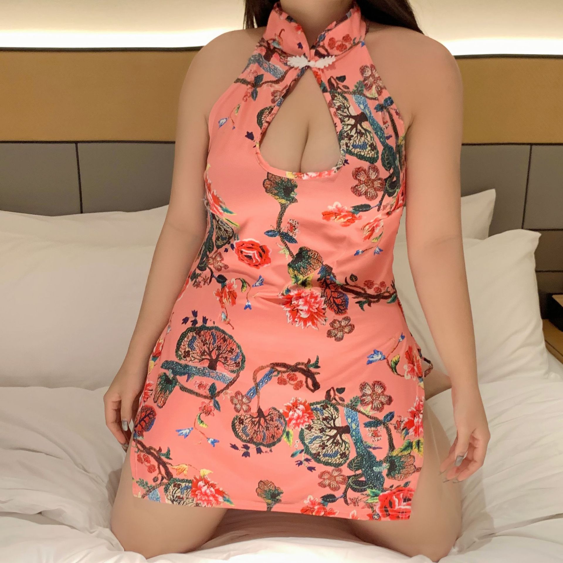 大码玫红色性感古典印花旗袍加肥加大镂空情趣内衣制服诱人套装