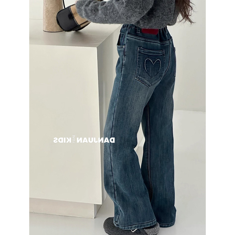 韩国童装2025秋冬季女童直筒裤儿童加绒加厚牛仔一体绒小脚烟管裤