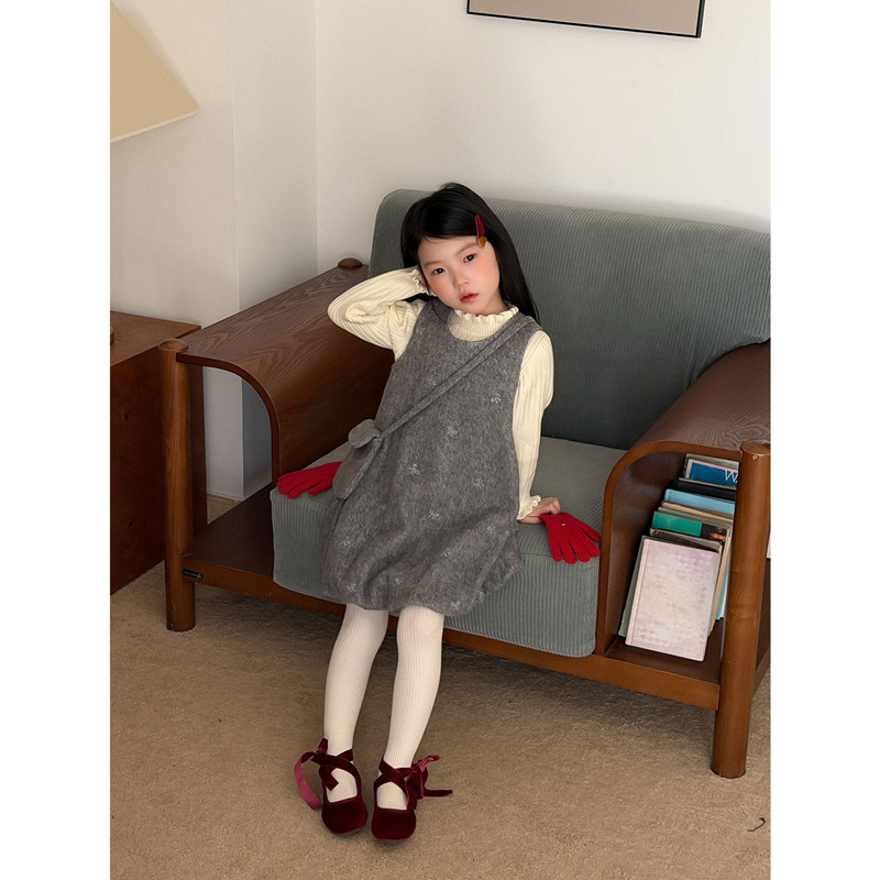 韩国童装小香风蝴蝶结刺绣背心裙女童2025冬季灰色毛呢连衣裙套装
