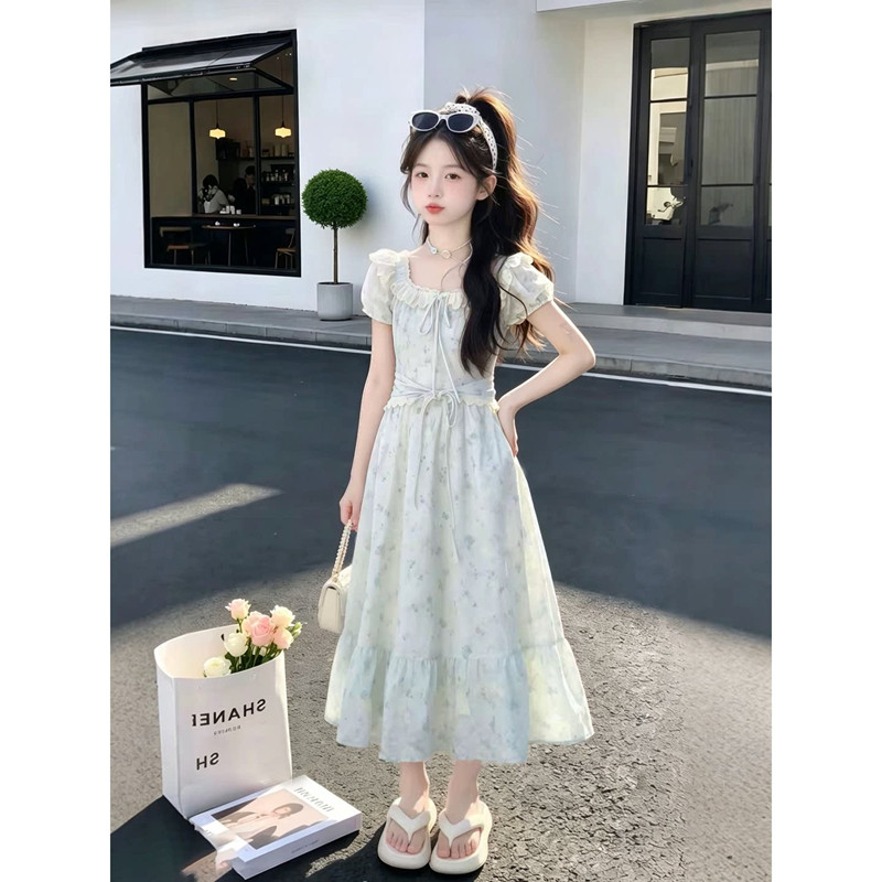 女童夏季韩版碎花泡泡袖中长裙