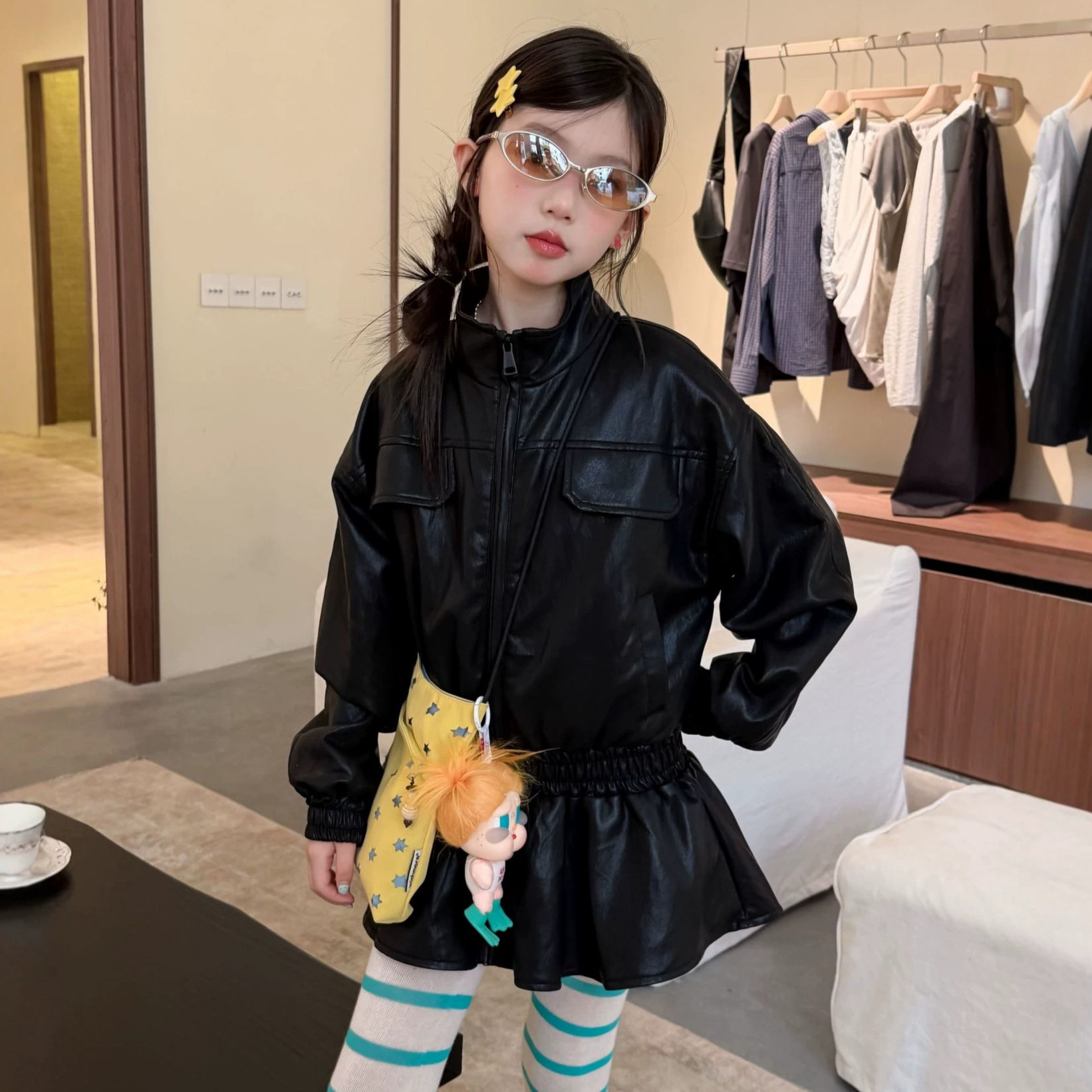 女童秋季新款防风PU夹克外套
