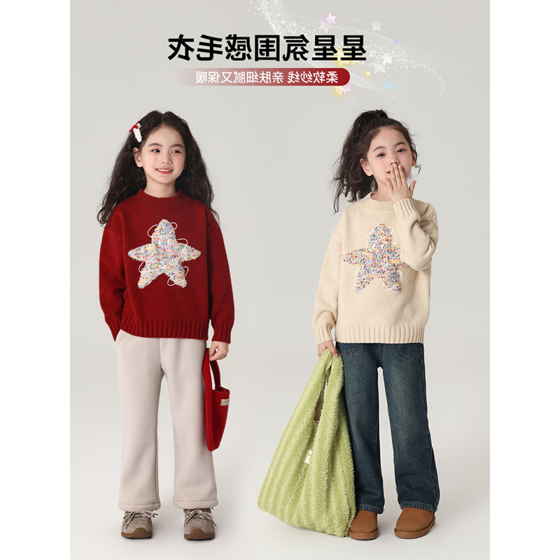 韩国童装冬装女童新年针织衫2026秋冬季新款儿童红色加厚百搭毛衣