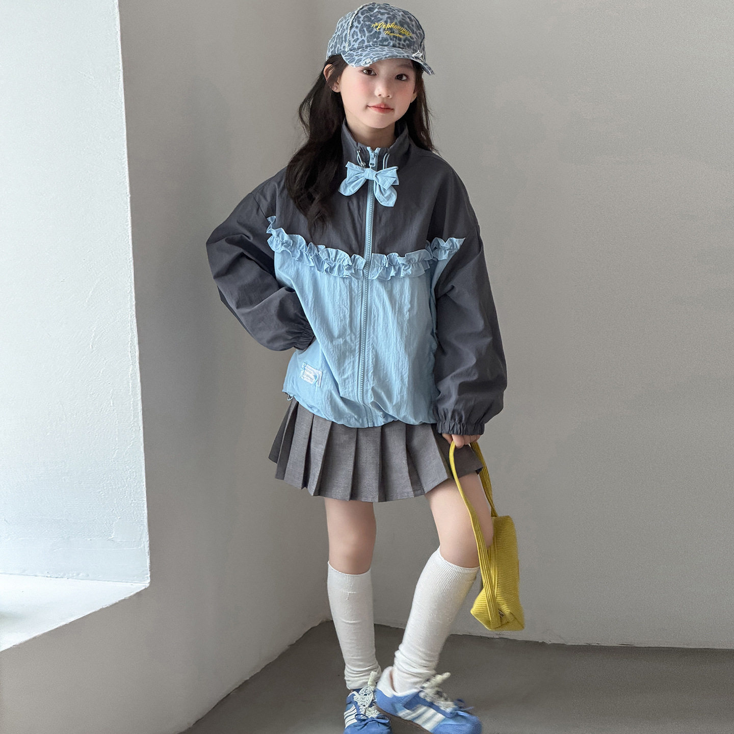 女童2026秋季拼色蝴蝶结夹克外套