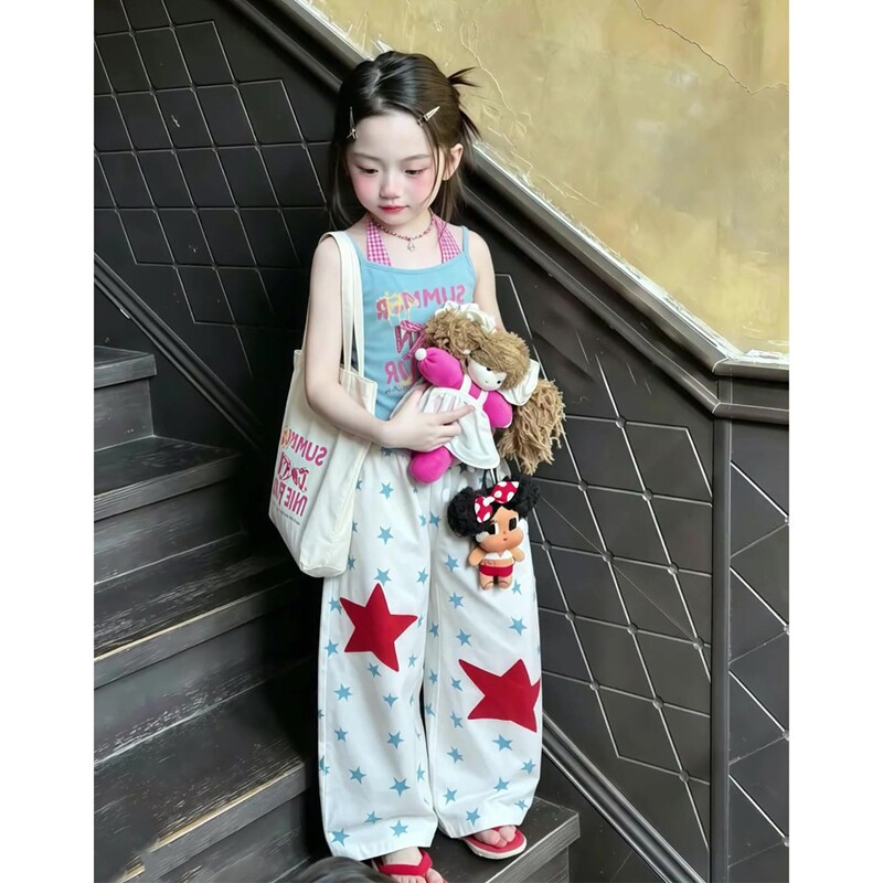 韩版多巴胺女童夏季吊带阔腿套装