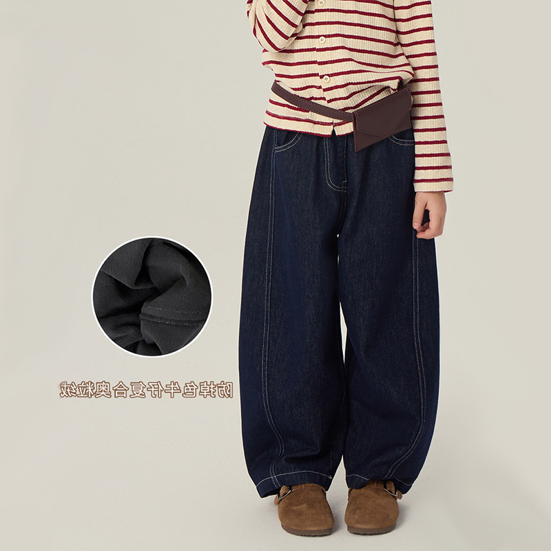韩国儿童秋冬装加绒保暖拼接弯刀阔腿裤女童韩版防褪色加厚牛仔裤