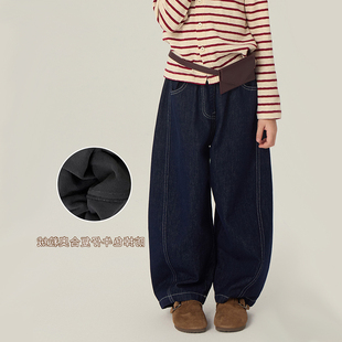韩国儿童秋冬装加绒保暖拼接弯刀阔腿裤女童韩版防褪色加厚牛仔裤