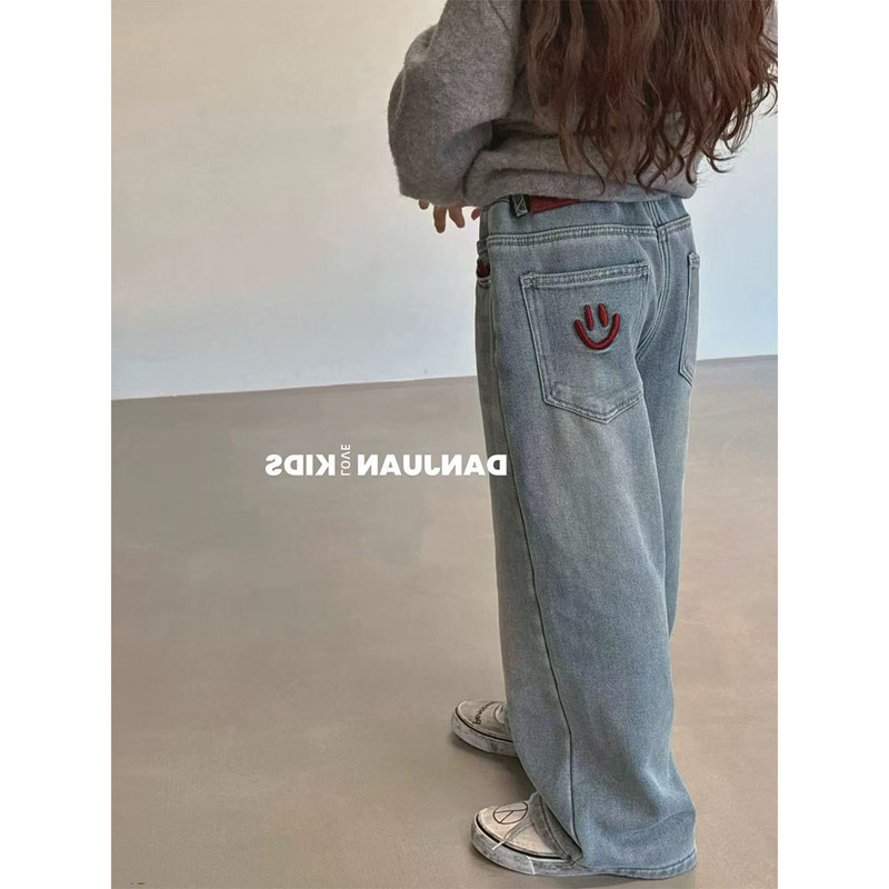 韩国童装2025秋冬季女童加绒牛仔裤儿童中大童小熊洋气直筒裤长裤