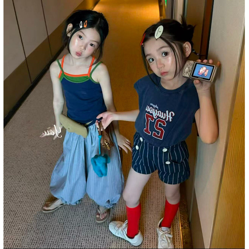 女童夏季韩系拼接吊带防蚊套装
