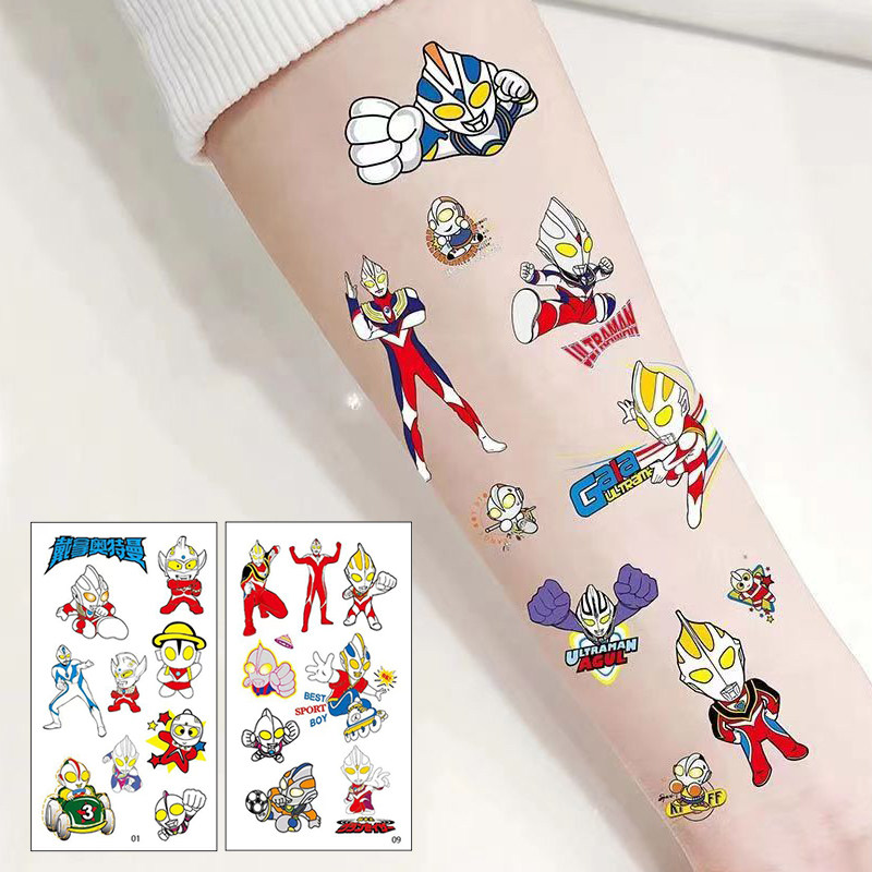 10张儿童迪迦奥特曼纹身贴男孩水转印贴纸防水持久幼儿园奖励贴画