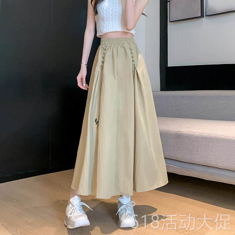 工装风半身裙女夏季2026新款高腰伞裙卡其色山本长裙长版a字裙子