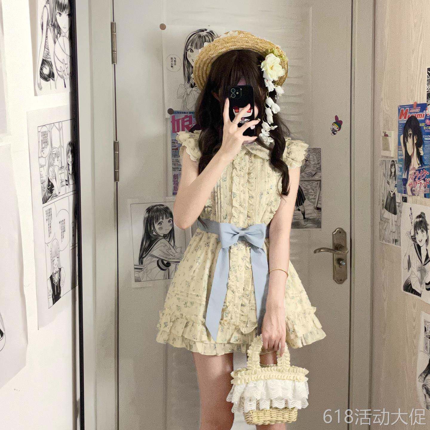 东京岁时记JK蓝色碎花连衣裙女夏小个子系带蝴蝶结公主裙桃之夭夭