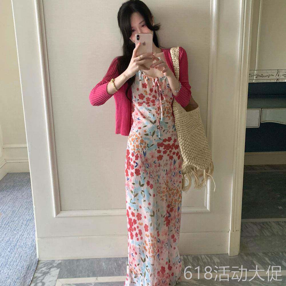 树莓粉色碎花吊带连衣裙开衫小个子两件套女夏季绝美度假套装长裙