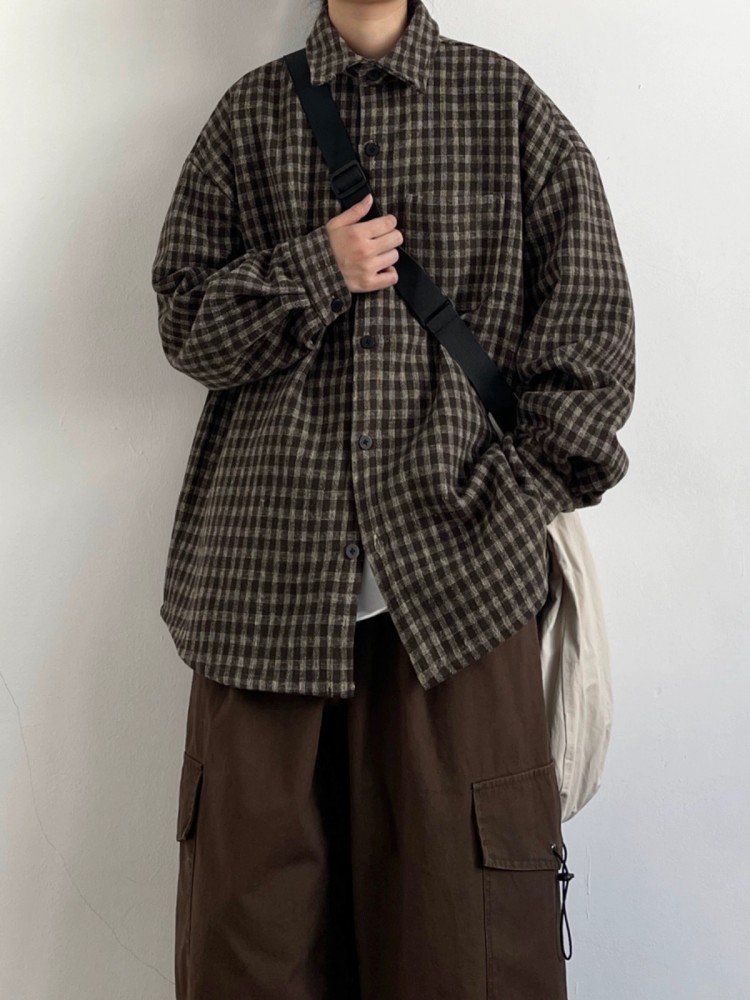 翻领长袖日系复古毛呢料格子衬衫