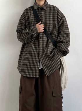 春秋季日系复古毛呢格子长袖衬衫外套男女慵懒风宽松打底情侣衬衣