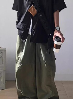 美式军绿色拼接撞色工装裤男女夏季宽松休闲阔腿束脚裤直筒弯刀裤