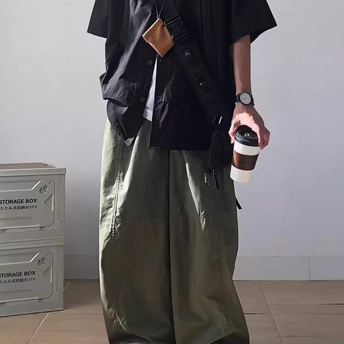 美式军绿色拼接撞色工装裤