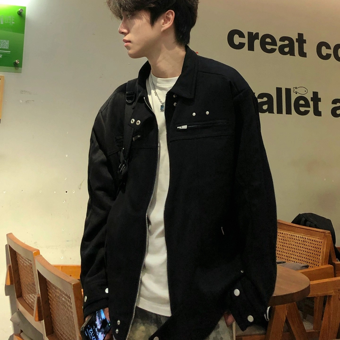 美式复古cleanfit黑色夹克