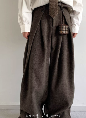 老钱风简约A字打褶呢料休闲裤男女冬季美拉德加厚松阔腿休闲裤潮