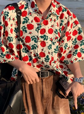 夏港风复古玫瑰花满印短袖衬衫男女夏威夷沙滩风情侣vintage衬衣