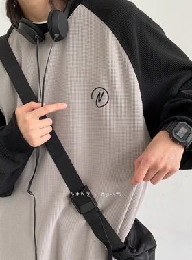 日系撞色华夫格插肩袖卫衣男女新款春秋季学院风宽松复古圆领外套