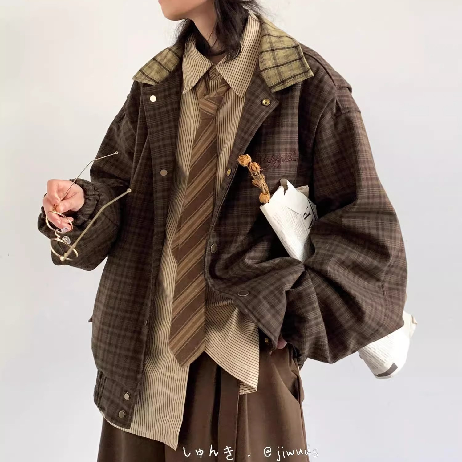 日系复古格子外套男女春秋学院风
