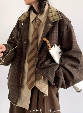 日系复古格子外套男女春秋学院风拼接刺绣宽松休闲翻领美拉德夹克