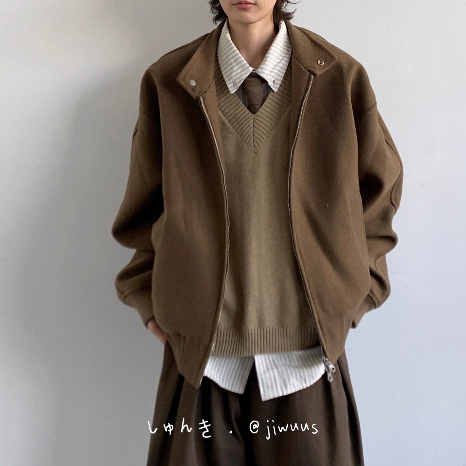 日系复古美拉德咖啡色翻领夹克