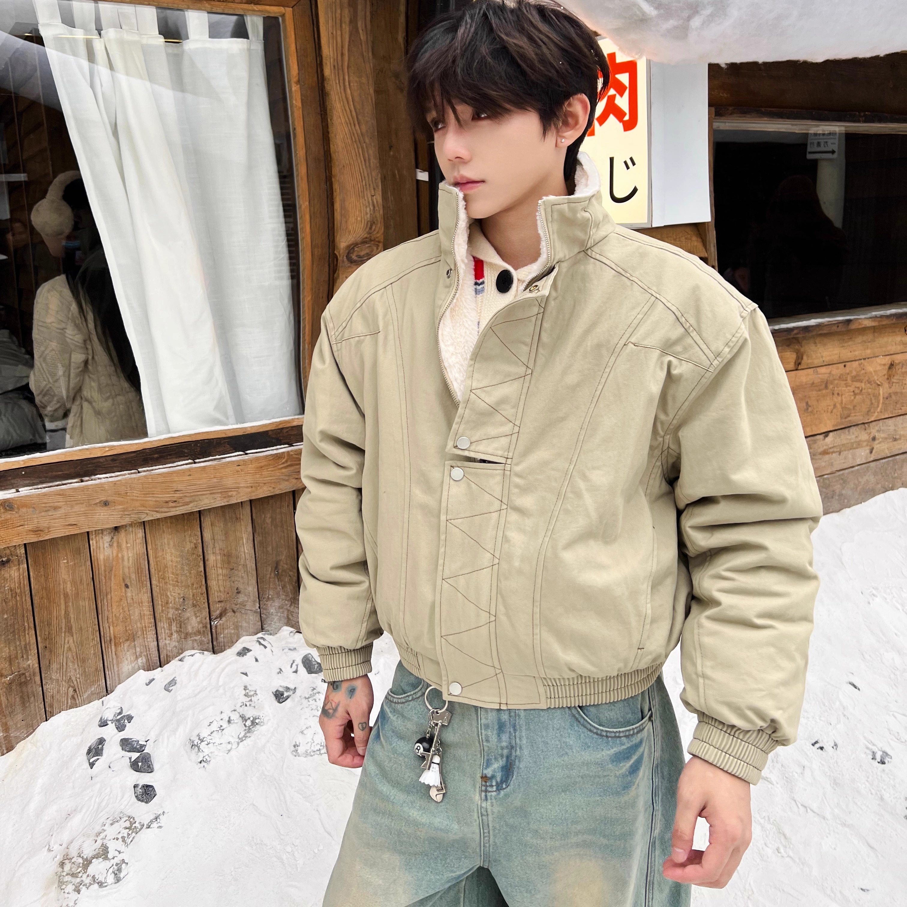 美式解构立领明线工装夹克棉衣