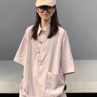 宽松休闲套头Polo衫 日系复古纯色纽扣工装 薄男女夏季 短袖 衬衣 衬衫
