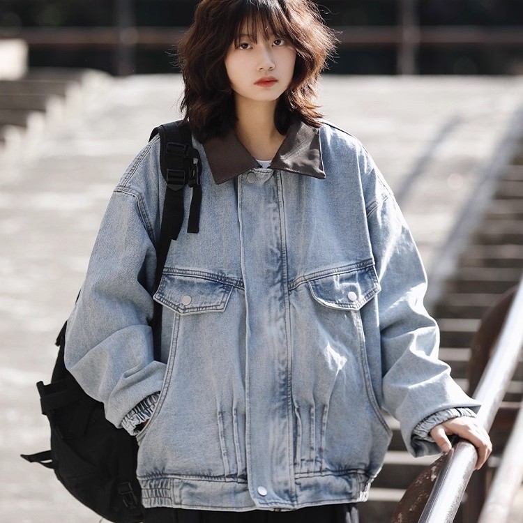 美式复古撞色翻领水洗牛仔夹克