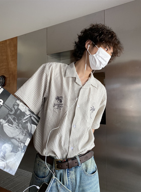 小众椰树刺绣古巴领条纹短袖衬衫男女翻领宽松休闲百搭休闲衬衣夏