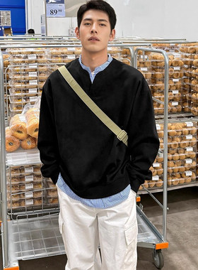 黑色假两件长袖卫衣男女春秋季日系宽松百搭休闲套头上衣简约衬衫