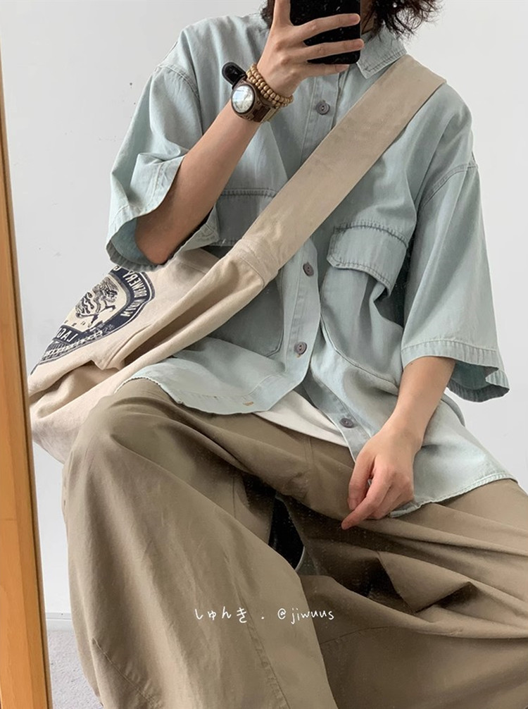 翻领短袖日系复古水洗做旧衬衫
