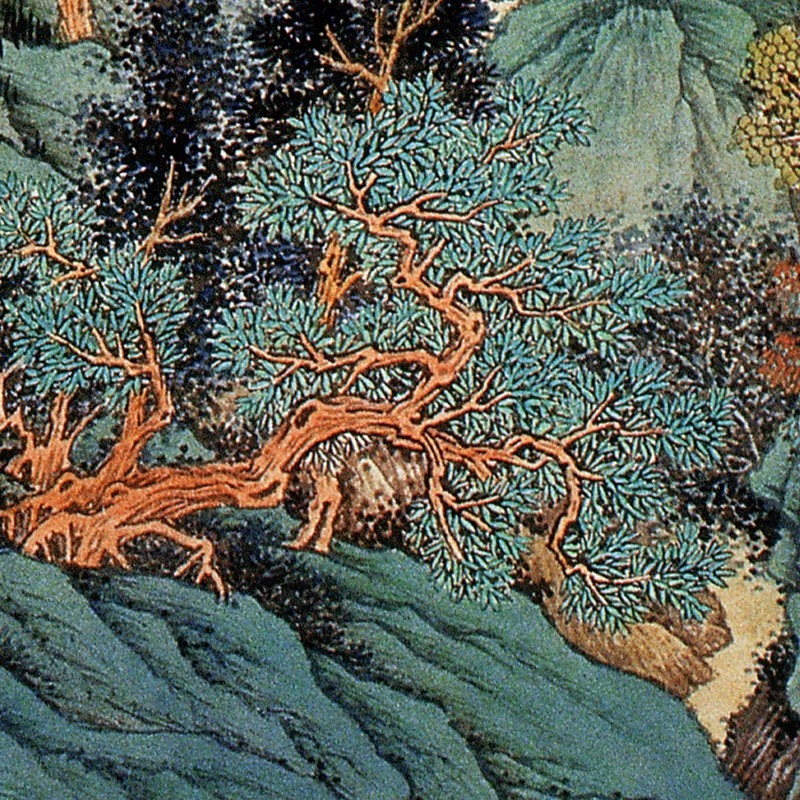 刘彦水高岭暖翠图微喷打印青绿山水画临摹绢布画稿工笔山水楼阁画