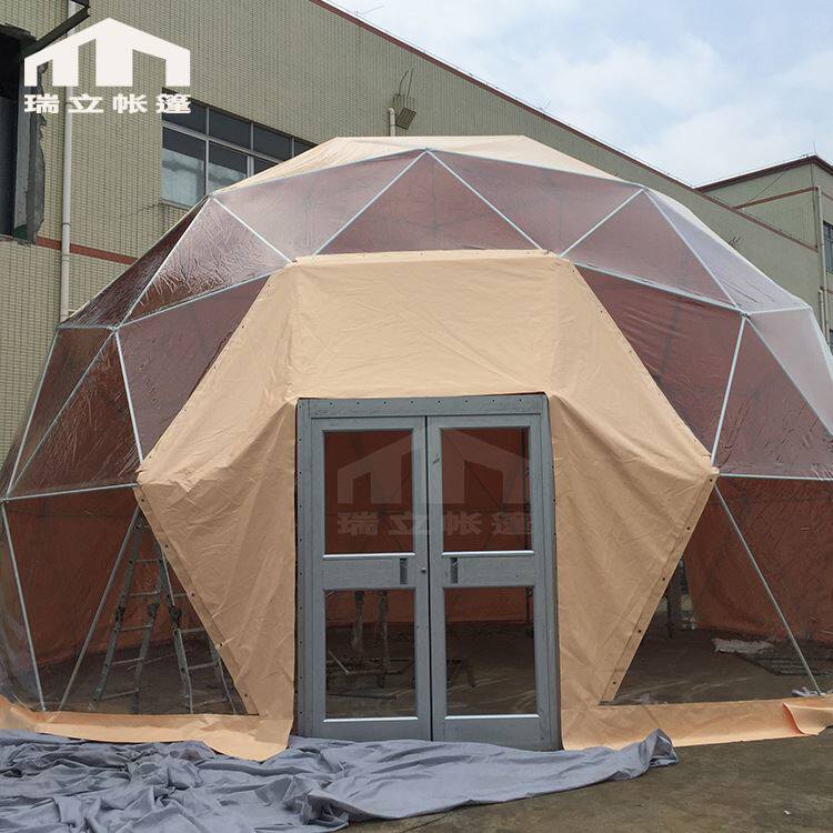 棕褐色10米活动展览球形篷房镀锌钢管烤漆半圆形帐篷加双开玻璃门