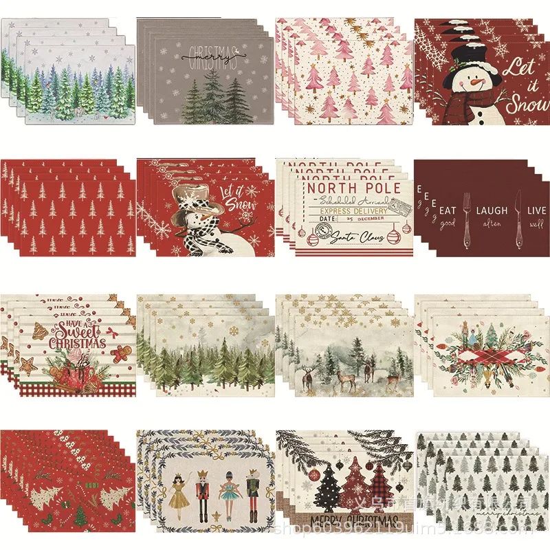 4/6/8PCS Christmas Tree Placemats Linen Non Slip Table Mats