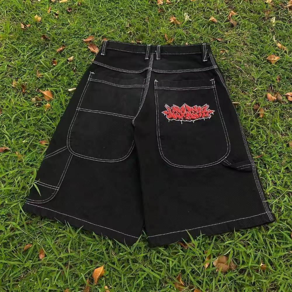 Denim shorts欧美高街JNCO图案刺绣牛仔裤hiphop嘻哈牛仔短裤男女